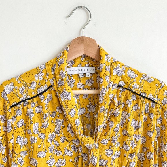 Designers Society Floral Print Tie-Neck Blouse in Sunflower Yellow Size XS - Picture 1 of 7